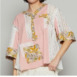 POL Pink and White Lace Patchwork Blouse like new